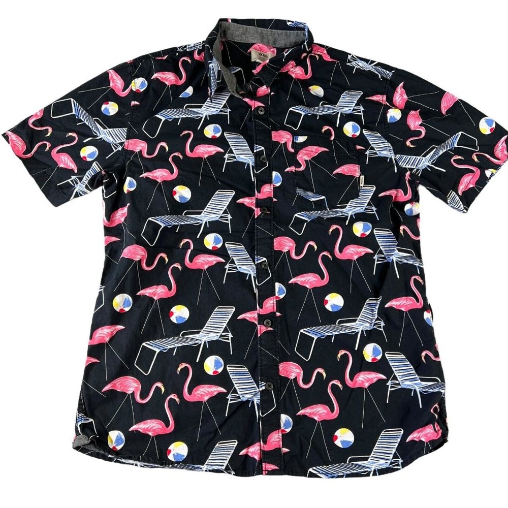 Vans Mens Shirt Size Large Black Flamingo Beach Party Button Short Sleeve Casual